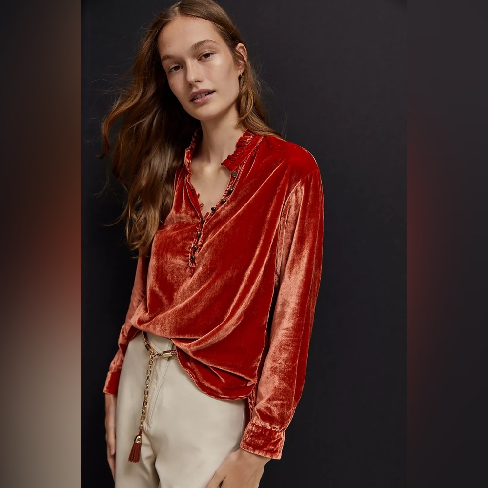 Anthropologie NWT Velvet Ruffle Neck Blouse in Rust